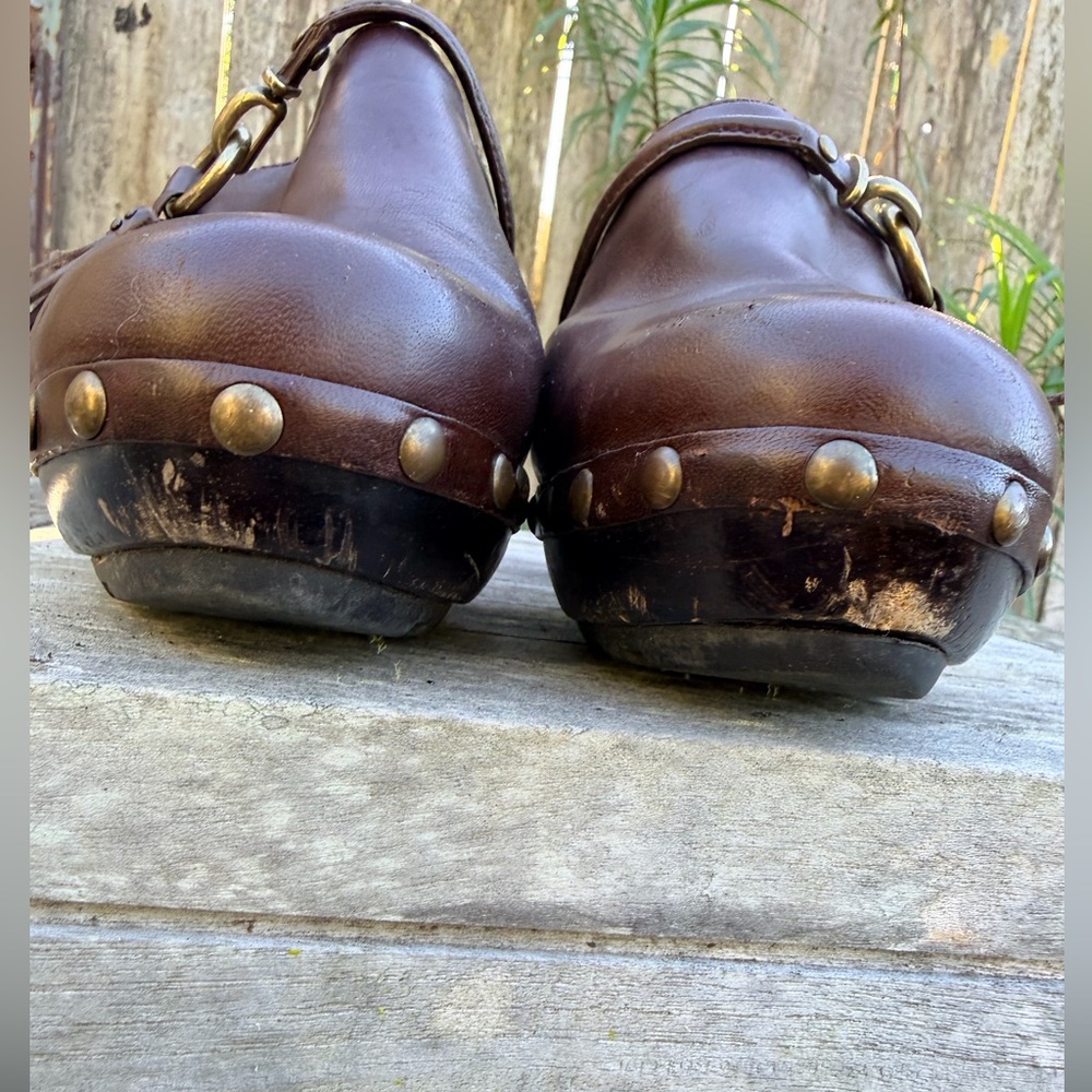 Coach Brown Leather Platform Mules with brass studs and accents. - Picture 7 of 15